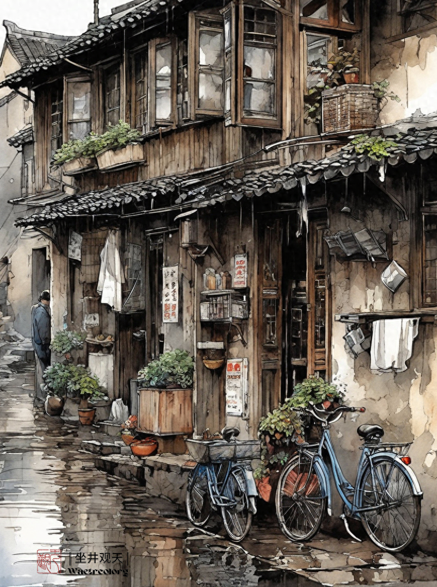 水彩《姑苏小巷烟雨》