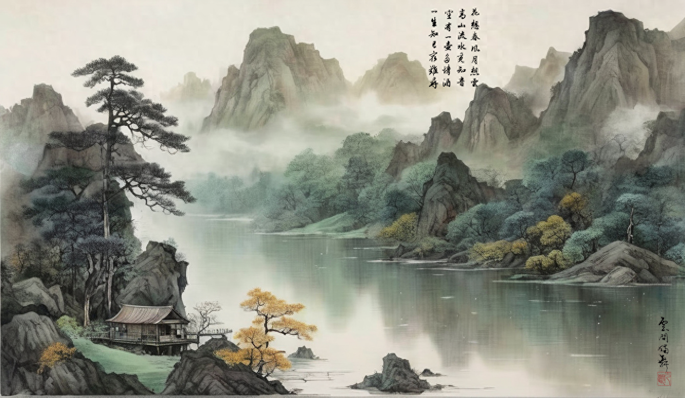 中式美学，国风水墨《湖光山色图》