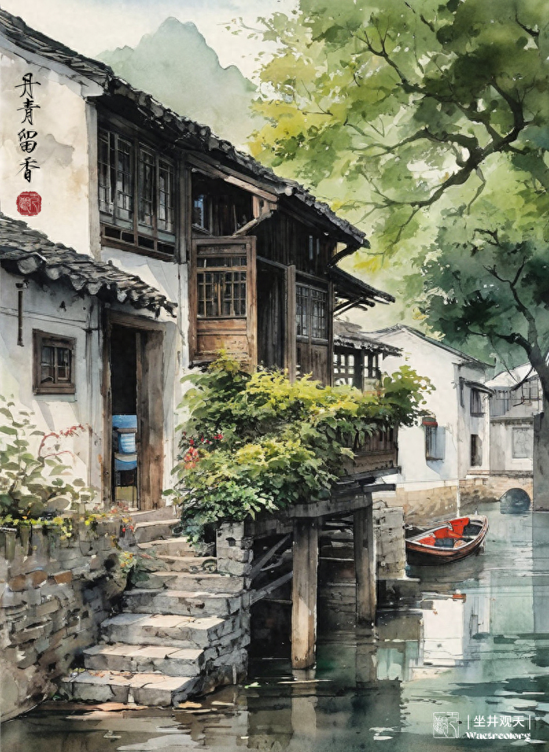 水彩《江南水乡的沿河人家》