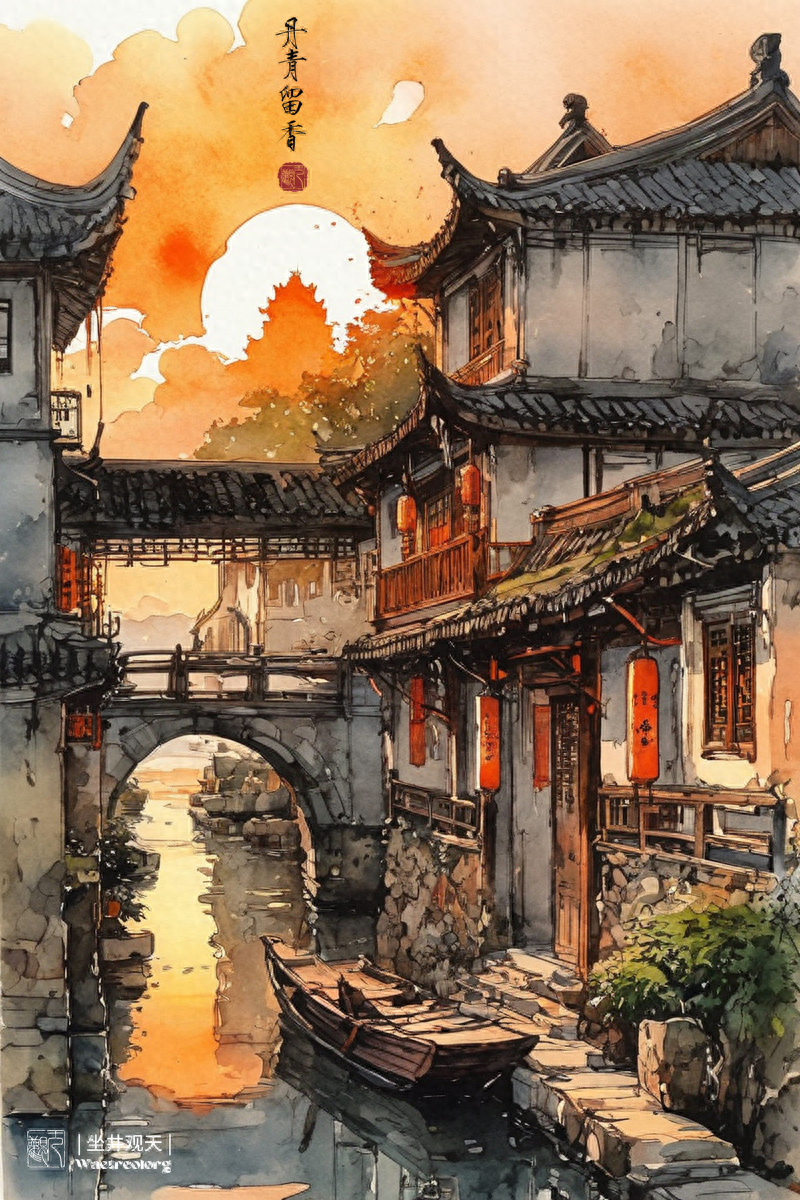 水彩《夕阳中的下塘人家》 水彩《夕阳中的下塘人家》